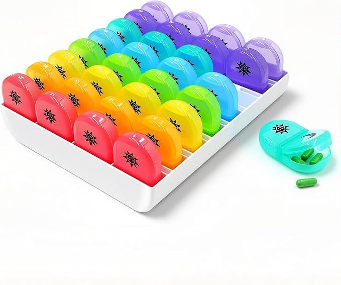 XL Monthly Pill Organizer 2 Times A Day, AM/PM One Month Pill Box 28 Day,Daily Pill Case Large 4 Week Big Compartments for Pills Vitamin Fish Oil Supplements (Black) (Rainbow)