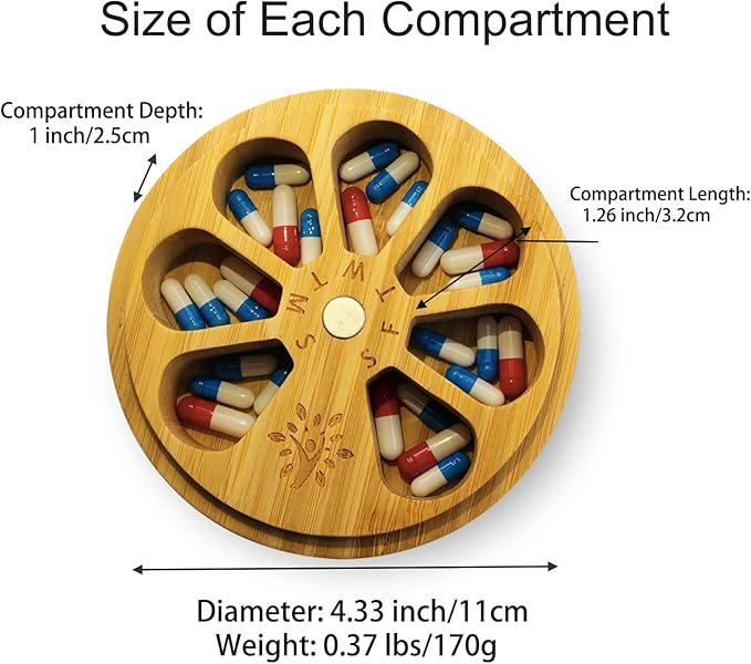 Bamboo Wood Weekly Pill Organizer for Medicine Vitamin Supplement, Arthritis Friendly 7-Day Pill Box Medium Container Holder, Daily Portable Travel Pill Case Keeper Dispenser