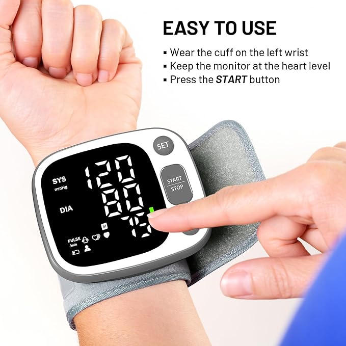 Oklar Blood Pressure Monitors for Home Use Rechargeable Wrist Digital BP Machine Cuff with LED Backlit Display, Voice Broadcast, 240 Memory Storage for 2 Users with Carrying Case, Grey