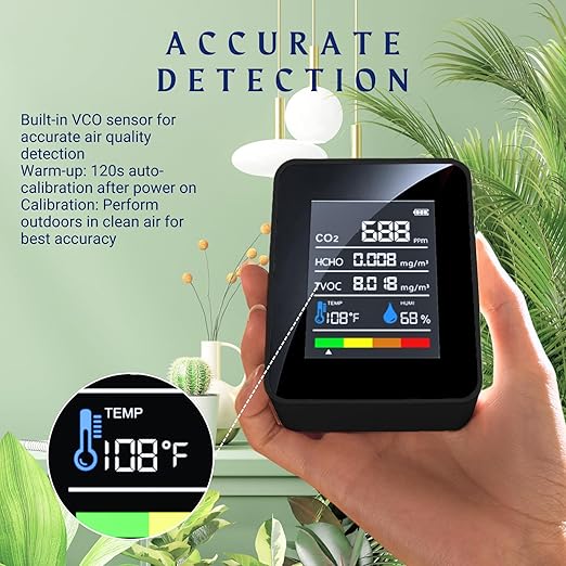 CO2 Detector Air Quality Monitor Indoor,5-in-1 Formaldehyde/CO2/TVOC/Temperature (°F/°C)/Humidity Monitor,Portable Carbon Dioxide Detector for Home,Office,Indoor Air Quality Safety Monitoring (Black)