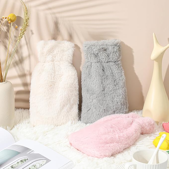 Amylove 3 Pcs Mini Hot Water Bottle for Hot & Cold Compress with Cover 320ml Silicone Microwave Heating Bottles Small Water Bag for Travel Holiday Gift (Pink, Gray, White,Plush)