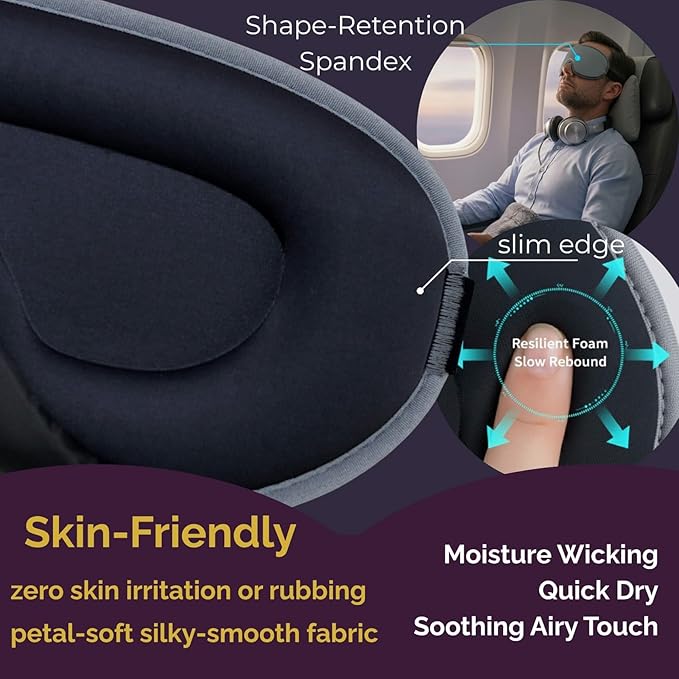 3D Contoured Eye Mask for Travel - 100% Blackout Sleep Mask for Men Women - Zero Eye Pressure Adjustable Eye Cover for Nap, Office & Meditation, Comfortable & Soft - Slate Gray