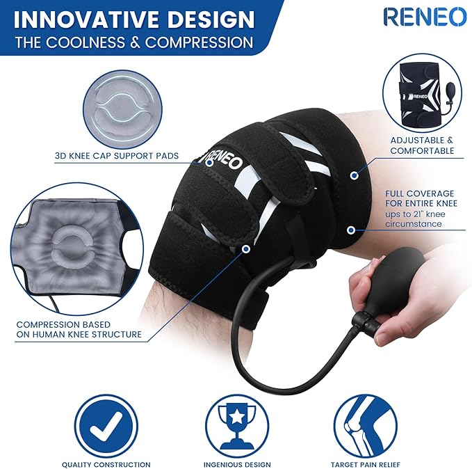 RENEO Compression Knee Ice Pack Wrap with Air Pump, Adjustable Knee Brace with Cold Packs Reusable, Hot and Cold Therapy for Women Men, Post-workout Recovery