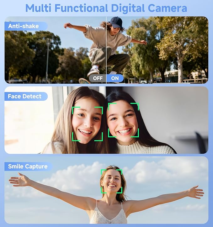 Digital Camera,56MP Dual-Screen Point and Shoot Camera with Auto Focus,Smile Capture,Anti-Shake,16X Zoom,32GB SD Card Travel Camera Gift for Boys Girls Teens