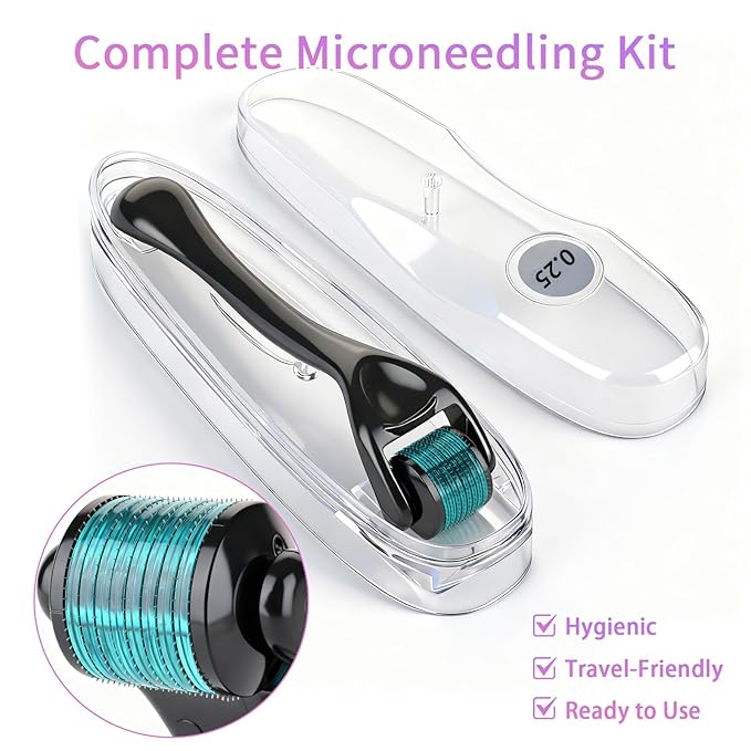 Derma Roller for Hair Growth & Beard – 540 Titanium Microneedle Roller for Face & Scalp – Skin Care Microneedling Kit with Sanitizer Box for Men & Women