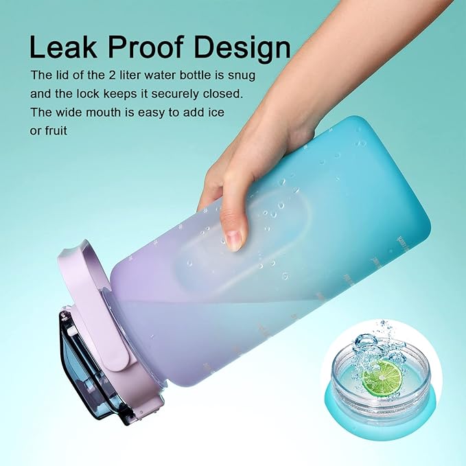RYI Large Half Gallon 64 OZ Motivational Water Bottle with Straw Time Marker BPA Free for Sport and Fitness Purple Green