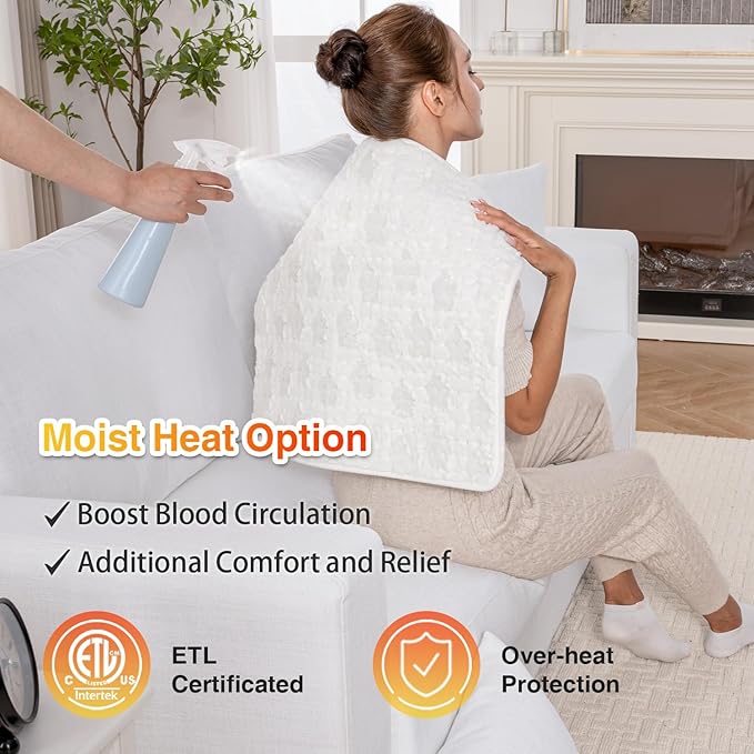 Woomer Faux Fur Electric Heating Pad for Back Pain Relief, Extra Large 20” x 24”, Extended Coverage from Neck to Hip, Two-Sided, Moist Mode, ETL Certified, 6 Adjustable Heats & 2H Auto-Off,White