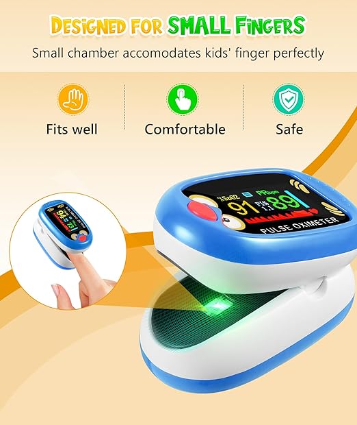 Fingertip Pluse Oximeter for Small Fingers, USB-C Rechargeable Oxygen Monitor, Cute Cartoon Design, Sports & Aviation Use, Applicable for Kids & Children (Blue)