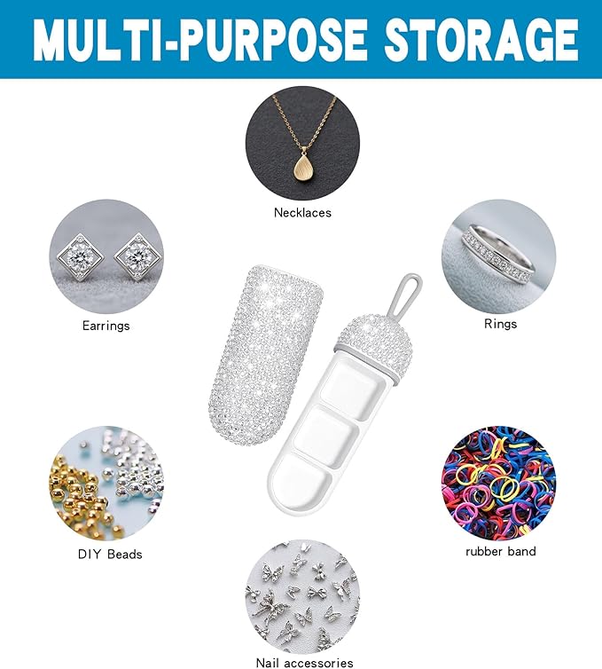 Yivaiks Bling Travel Pill Organizer Crystal Rhinestone 3 Compartments Portable Pill Case Daily Pill Box to Hold Vitamins Small Pill Container for Pocket Purse Medicine Organizer(White)