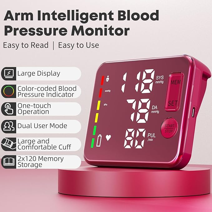 Blood Pressure Monitor Rechargeable Upper Arm Blood Pressure Monitors for Home Use Large Screen Bp Machine with Bp Cuff, 2x120 Memory, Voice Broadcast Bp Monitor(Red)
