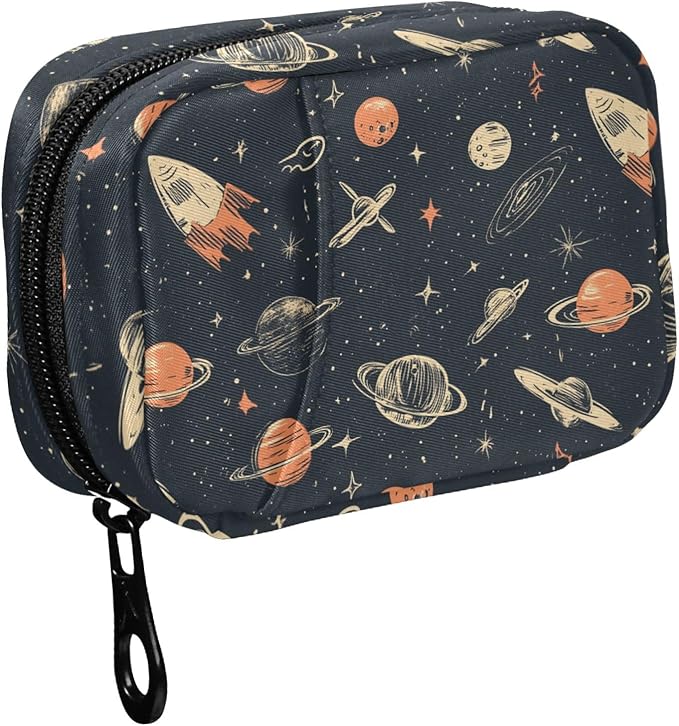 Fustylead Hand-Drawn Space Rocket Planet Elements Travel Pill Case Bag with Zipper Weekly Pill Box 8 Compartments 7 Day Personal Pill Case Purse Medicine Case Organizer