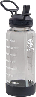 Takeya Tritan 32 oz Motivational Water Bottle with Straw Lid - Durable, BPA-Free - With Time Marker - Leakproof & Non-Slip Bumper - Stormy Black