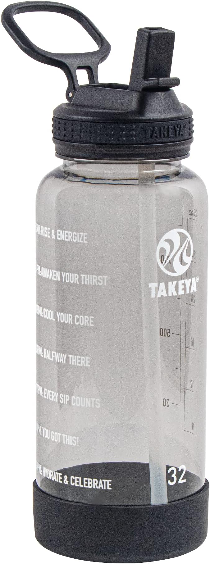 Takeya Tritan 32 oz Motivational Water Bottle with Straw Lid - Durable, BPA-Free - With Time Marker - Leakproof & Non-Slip Bumper - Stormy Black