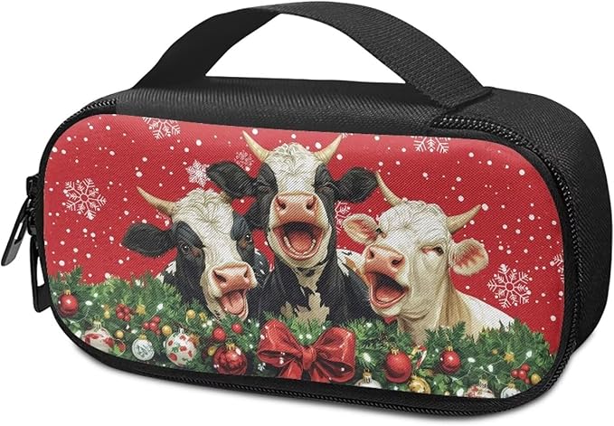 Xmas Cow Pattern Insulin Cooler Travel Case with Handle and Pockets for Insulin Pens and Diabetic Medical Organizer for Diabetes and Other Diabetic Supplies, Red Christmas Decor