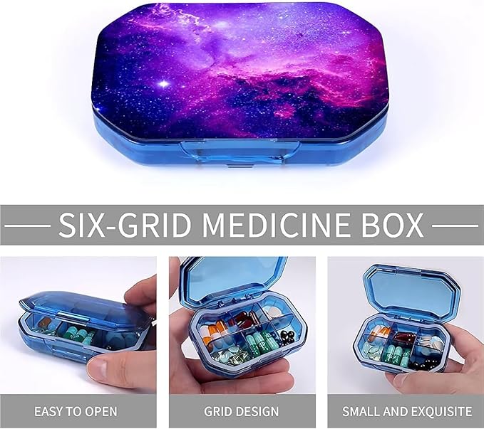 This Portable Purple Nebula Starry Sky Pattern 6-Compartment Pillbox Can Be Placed in A Pocket Or Wallet to Store Vitamins, Medicines Fish Oil Health Supplements Other Medications.