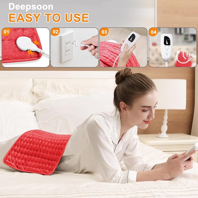 Deepsoon Heating Pad,Electric Heating Pads for Back,Neck,Abdomen,Moist Heating Pad for Shoulder,Knee,Arms,Legs,Dry/Moist Heat & Auto Shut Off,Christmas Gifts for Men and Women,Red,24x12 Inch