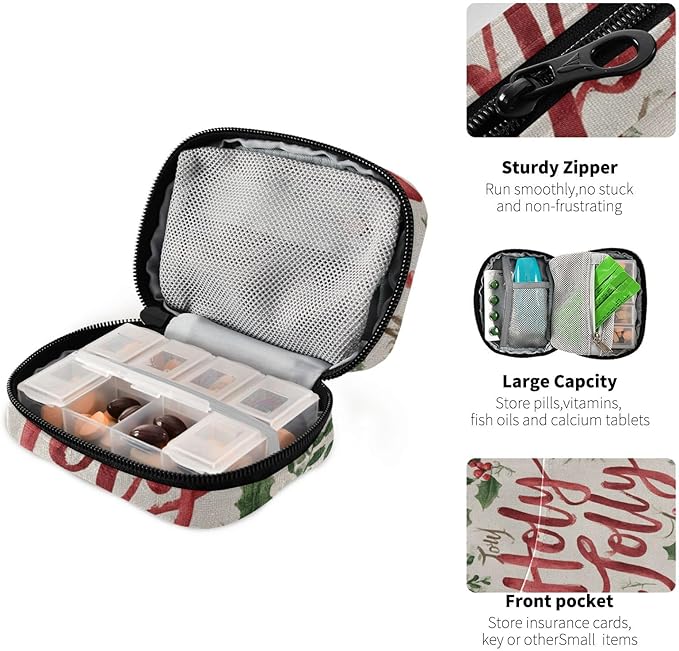 Beige Winter Cherries Holly Jolly Travel Pill Organizer Case Box Container Weekly Portable Vitamin Medicine Holder Storage Bag with Zipper Removable