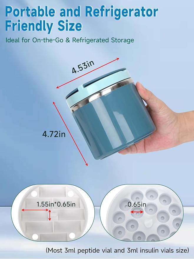 3ml Peptide Case for Fridge Vial Inserts with 22oz Food Jar, Peptide Fridge Case/Peptide Travel Case TSA Approved, Holds 28 Vials, Peptide Storage - Fridge/Travel Safe (Blue Jar and White Insert)