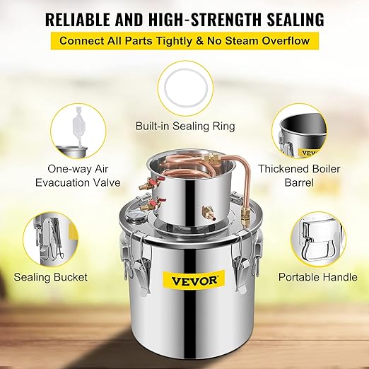 VEVOR Alcohol Still 5Gal/20L Alcohol Distiller Stainless Steel Distillery Kit for Alcohol with Copper Tube Home Brewing Kit Build-in Thermometer for DIY Whisky Wine Brandy
