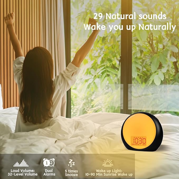Sunrise Alarm Clock Wake Up Light for Kids Heavy Sleepers Bedroom with Sunrise Sunset Simulation Sleep Aid Dual Alarms Snooze Nightlight Brown Noise sound machine with 25 Nature sounds for Sleeping