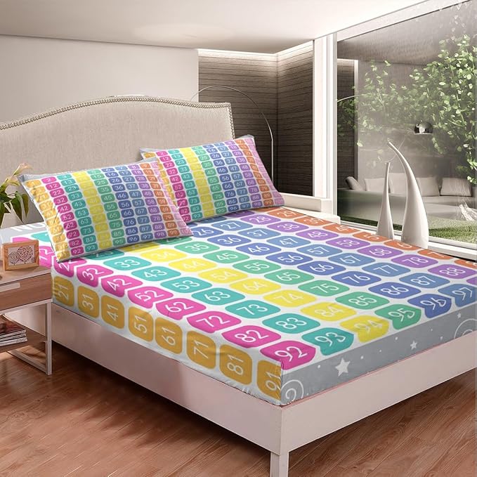 Numbers Alphabet Fitted Sheet Queen, Cartoon Alphabet Bedding Set - Educational Bed Cover Set 3Pcs (No Flat Sheet)