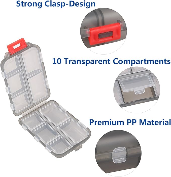 Pill Case (5 Pack) - Portable Small Supplements Tablet Container Box with 10 Compartments - Medicine Capsule Vitamin Fold Flip Organizer Dispenser Holder Storage for Travel Trip Pocket Purse