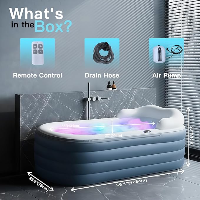 Adult Inflatable Bathtub with Air Bubble Mat, 66'' Portable Spa Water Therapy Soaking Tub with Romantic LED Lights, Pillow/Backrest/Armrests Supported (Air Pump Included)