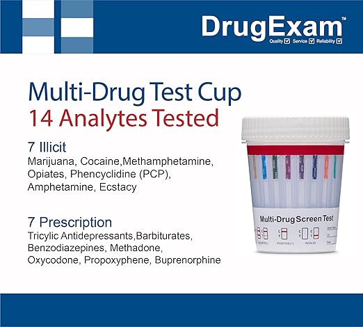 25 Pack - DrugExam 14 Drug Test Cup Kit with Temperature Strip-Testing Marijuana THC50/AMP500/BAR300/BUP10/BZO300/COC150/MDMA500/MET500/MTD300/OPI300/OXY100/PCP25/PPX300/TCA1000