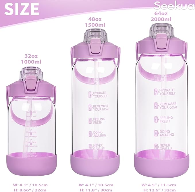 48 oz Glass Water Bottle with Straw and Time Marker, Large Motivational Borosilicate Glass Drinking Bottle with Silicone Boot and Sleeve