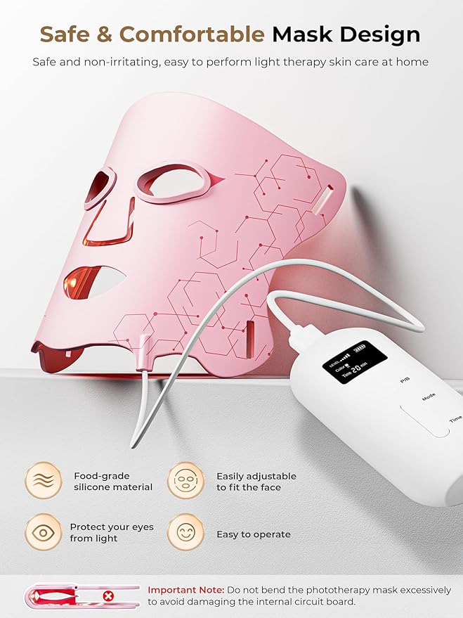 LED Light Therapy mask (E106A) for Face, LED Light Therapy Mask with Adjustable Brightness and Timer, Soft Silicone Red Light Therapy Mask for Home & Travel, Pink