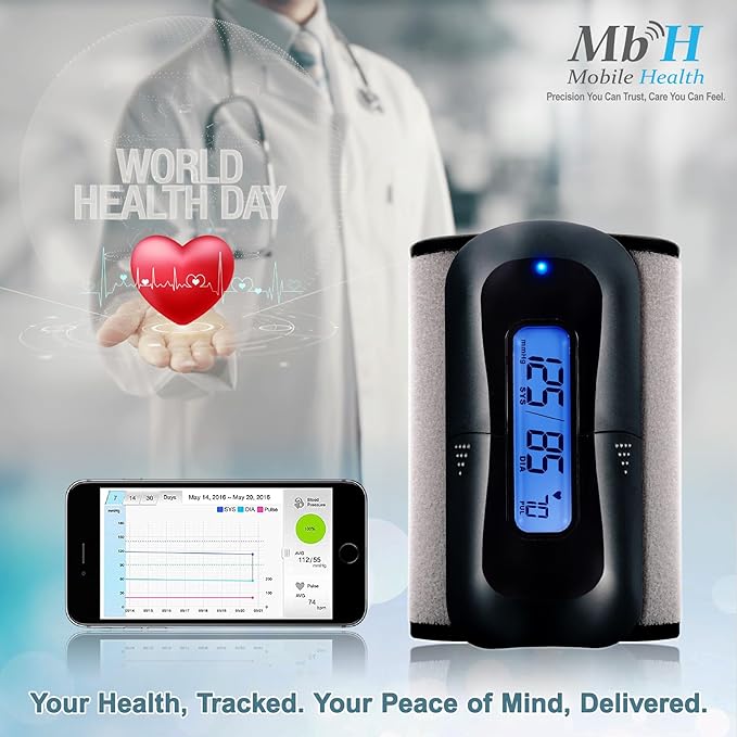 MbH Bluetooth Blood Pressure Monitor- Wireless Upper Arm Cuff BP Monitor for Home Use, IHB and AF Detection, Ultra-Light and Portable, Includes App for iOS & Android