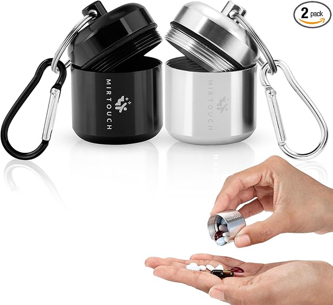 PillPort - Portable Keychain Pill Holder Case Discreet Waterproof Mini Pill Container Carrier with Strong Carabiners for Pocket Purse Travel Bags Aluminum Alloy Pill Fob Box for Medicine Jewelry 2pk