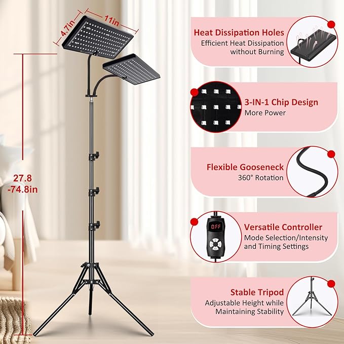 Red Light Therapy Lamp, Infrared Light Therapy Device with Stand, 660nm Red and 850nm Near Infrared Red Light Therapy for Body and Face Pain Relief Skin Care(Dual Lamps)