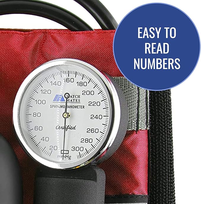 MABIS MatchMates Manual Blood Pressure Monitor Kit Aneroid Sphygmomanometer with Calibrated Nylon Cuff and Oversized Carrying Case, Adult, Red