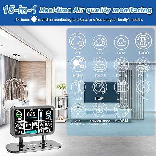 Air Quality Monitor Indoor,16 in 1 Smart Air Quality Monitor 6" Indoor Air Quality Meter VOC, AQI, HCHO, CO, Alarm, PM1.0, Temp, HUMI&CO2 PM2.5 Monitor,Indoor Air Quality Test for Home WiFi Connect