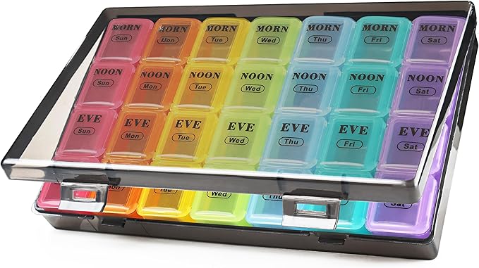 MOLN HYMY Pill Organizer 4 Times a Day, 7 Day Weekly Pill Box with 28 Big Compartments, Multicolor Portable Travel Medicine Planner for Vitamins, Fish Oils, Supplements (Rainbow, Large)