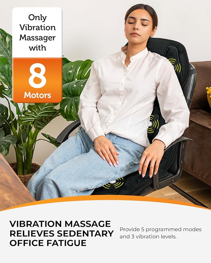CooCoCo Vibration Back Massager with Heat, Gifts for Him Dad Husband Men, Massage Chair Pad with 8 Vibrating Motors & 2 Levels Heat, Massage Seat Cushion for Home Office Seat Use