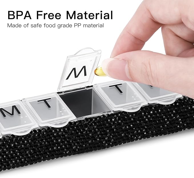 Soleebee Portable Weekly 7 Day Pill Organizer, Bling Crystal Pill Box Case, Travel Pill Planner, Pill Dispenser, Medicine Vitamin Container Organizer (Black)