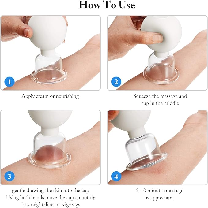 BBTO 4 Pieces Glass Cupping Set Glass Silicone Cupping Cups Massage Vacuum Suction Cupping Cups for Body Face Leg Arm Back Shoulder Muscle and Joint Pain (White)