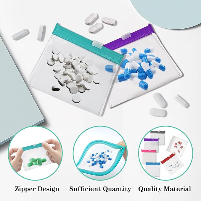 Reusable Pill Pouches with Slide Lock,14 Piece Zippered Pill Bags for Travel Organizer Medicine Qtips and Small Items Translucent Portable Set in 7 Colors