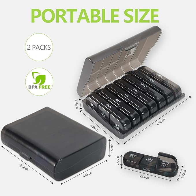 Aesthetic Pill Organizer/Pill Cases Organizers 7 Day with Date&Morning-Noon-Night Compartments,Black Privacy Protection Pill Organizer Aesthetic,2PCS