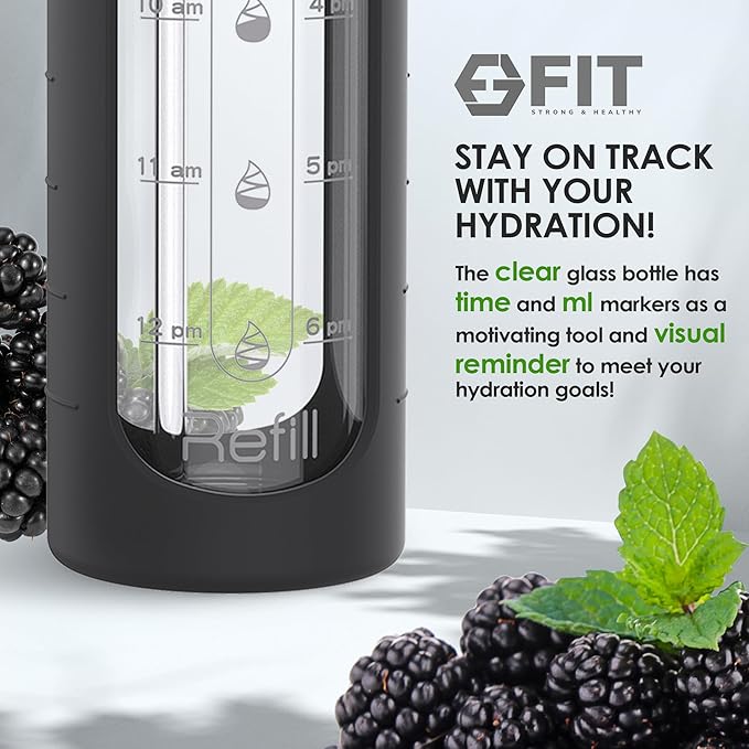 FIT Strong & Healthy 32 oz Glass Water Bottle with Straw Lid - Wide Mouth Borosilicate Glass Water Bottles with Time Marker, Silicone Sleeve & Extra Lid - 1L Large Motivational Drinking Bottle