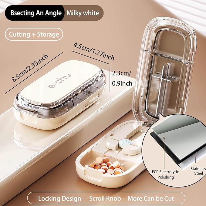 Pill Cutter (Off-White with Brush) Cutter Divider丨Pill Divider丨Pill Divider, Pill Divider for Cutting Pills, cuts Small or Large Pills in Half, Suitable for Travel, Pets