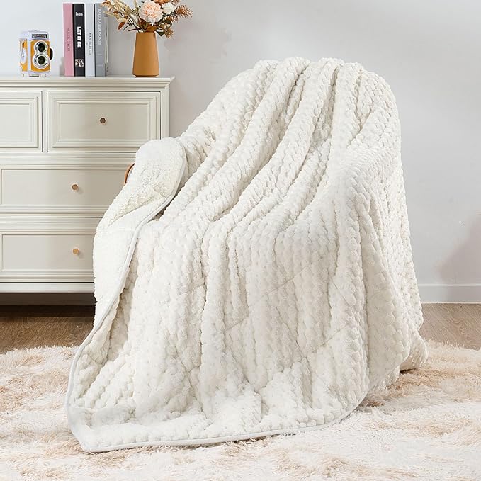 Mr. Sandman Weighted Blankets for Adults Queen Size 25lbs, Warm Sherpa Fleece Throw Blanket for Sleep and Calm, Soft Cozy Heavy Bed Blanket with Jacquard Flannel, 80 x 87 Inches, Cream White