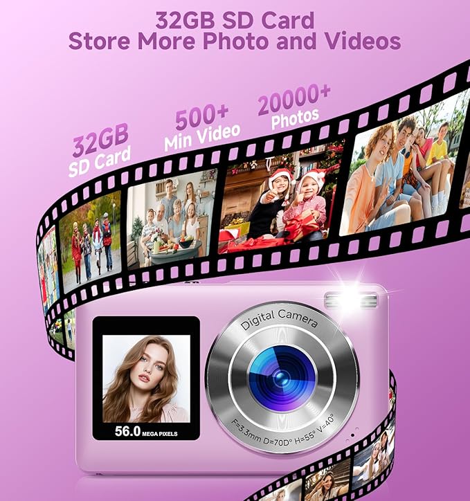 Digital Camera, 2026 Upgraded 56MP Dual Screens Camera for Selfies, 16X Zoom Small Cameras with Smile Capture 32GB SD Card, Anti Shake Compact Cameras for Boys Girls Kids Teens Adults