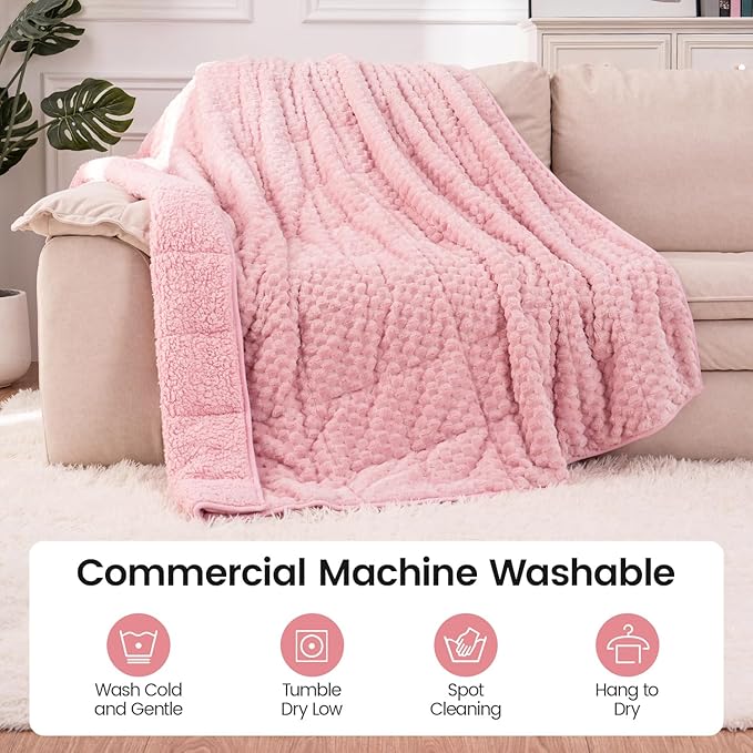 Super Fuzzy Soft Fleece Sherpa Weighted Blanket 20 lbs for Adults, 3D Imitation Turtle Shell Luxury Weighted Throw for Better Sleep, Dual Sided Cozy Heavy Blankets for Couch Bed, Pink, 60" x 80"
