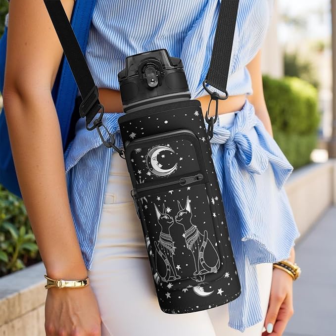 Goth Black Moon Half Gallon Water Bottle with Sleeve -Flip Top Bpa Free 32 OZ - Motivational Time Marker Leakproof Water Jug - Goth Gifts for Women - Halloween Moon for Gifts