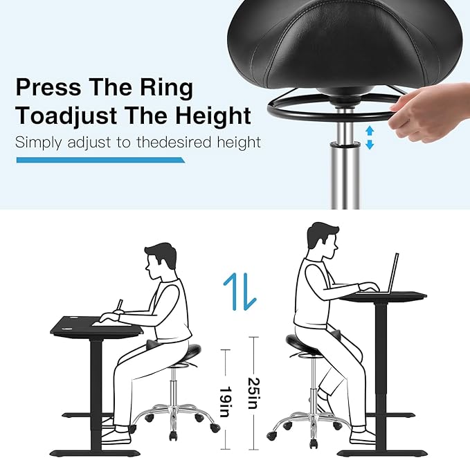 SALONFACTORY Saddle Stool with Wheels 300 lbs Weight Capacity, Heavy Duty Rolling Stool for Medical Massage Salon Kitchen Spa Drafting Nail-Tech,Height Adjustable,360 Swivel,Wide Thick Seat Padding
