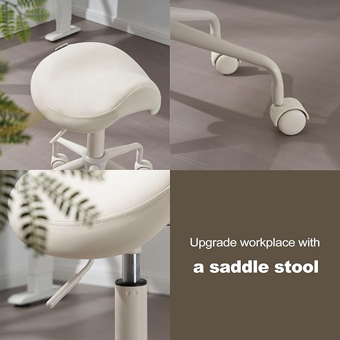 Adjustable Height Hydraulic Rolling Swivel Stool Chair with Metal Base and Faux Leather Cushion for Salon, Medical, Office and Home, 503 Kai Series, Saddle Seat, Vanilla