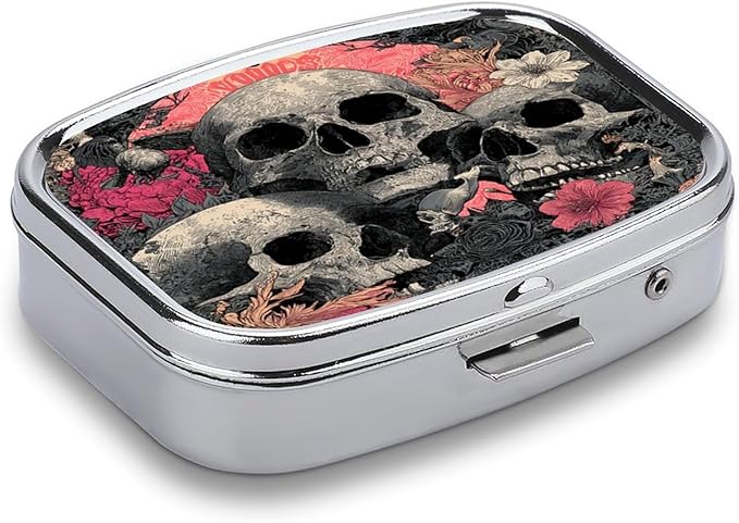 Metal Pill Organizer – 2-Compartment Pocket Pill Box for Vitamins, Supplements, Medications – Compact Travel Case (Skulls in Bloom)
